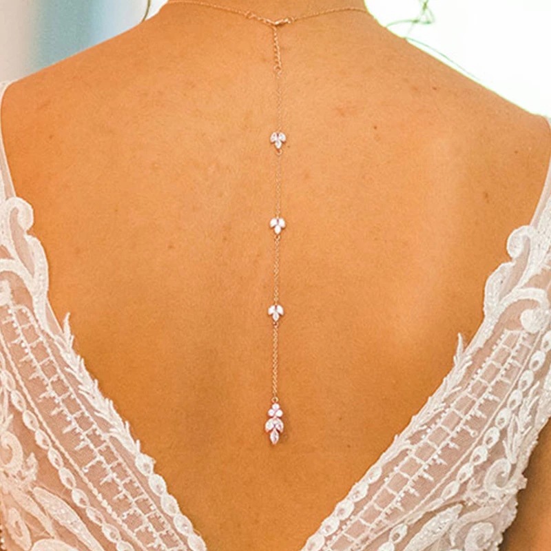 Body Jewelry For Backless Dress - Women Backdrop Necklace Gold Crystal Leaf